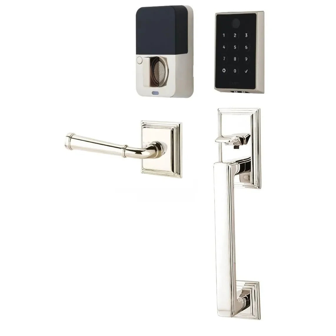 Emtek EMPowered 2 Touch Entry Set with Hamden Grip and Merrimack Lever Lifetime Polished Nickel