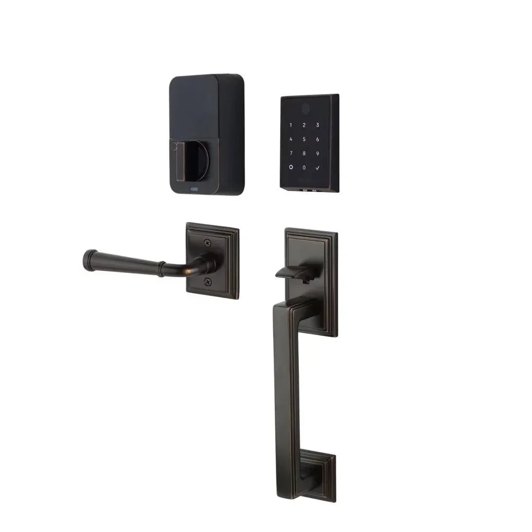 Emtek EMPowered 2 Touch Entry Set with Hamden Grip and Merrimack Lever Oil Rubbed Bronze
