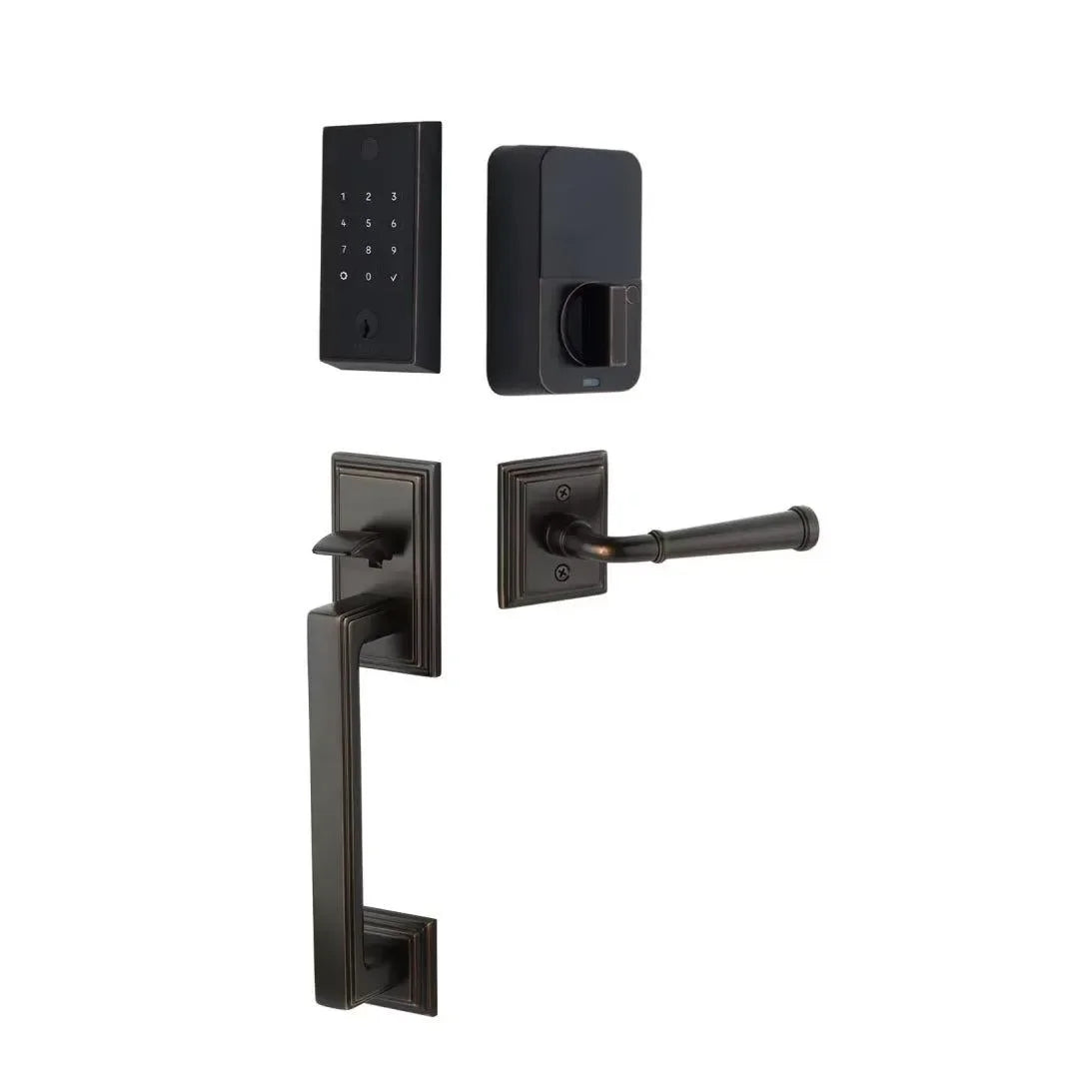 Emtek EMPowered 2 Touch Entry Set with Hamden Grip and Merrimack Lever Oil Rubbed Bronze
