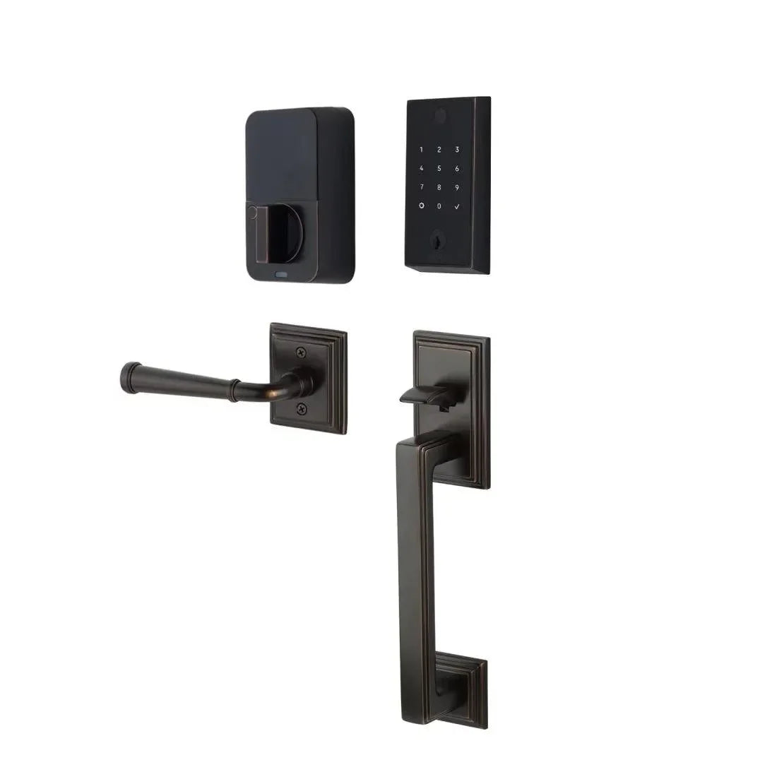 Emtek EMPowered 2 Touch Entry Set with Hamden Grip and Merrimack Lever Oil Rubbed Bronze