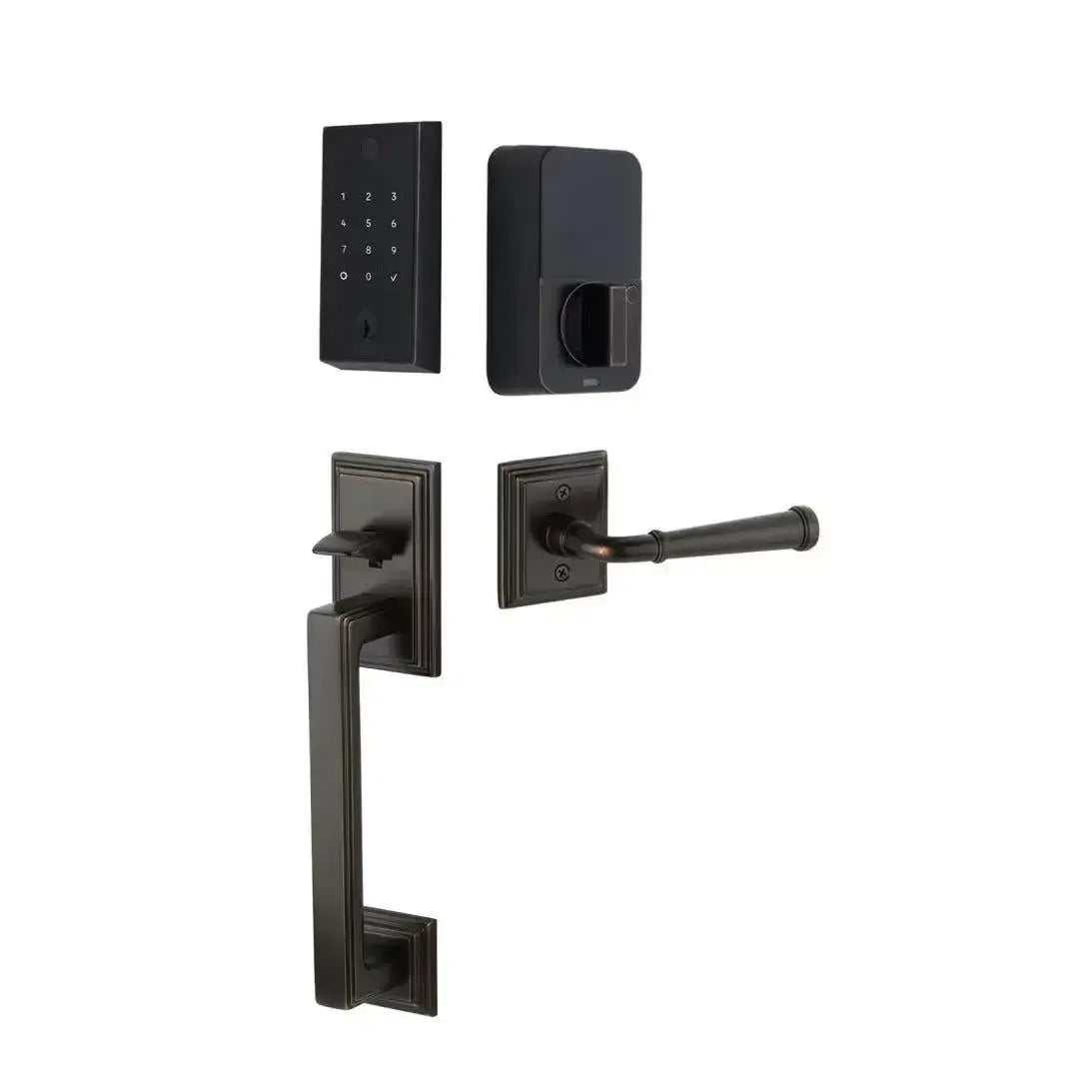 Emtek EMPowered 2 Touch Entry Set with Hamden Grip and Merrimack Lever in Oil Rubbed Bronze finish