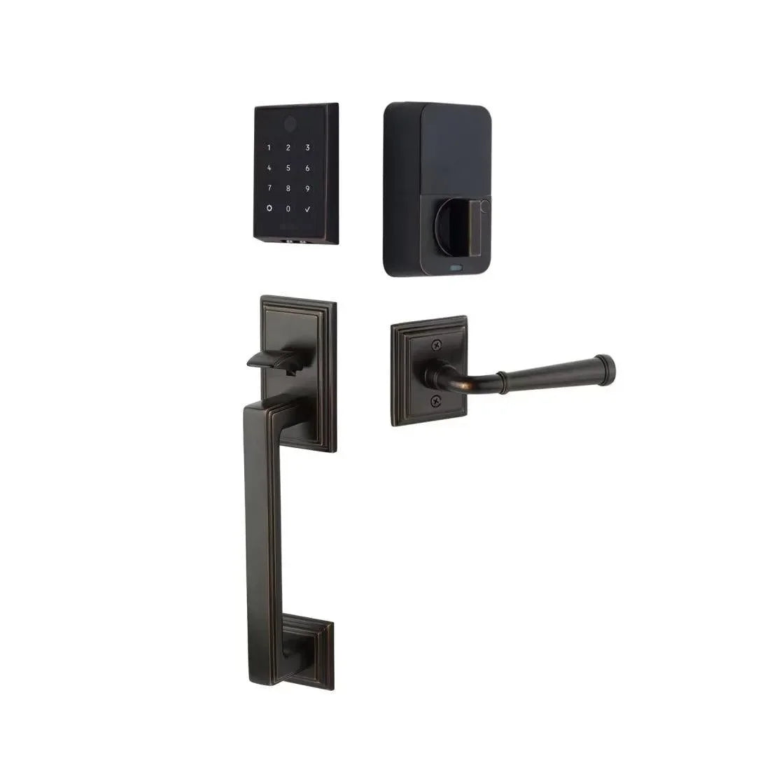 Emtek EMPowered 2 Touch Entry Set with Hamden Grip and Merrimack Lever Oil Rubbed Bronze