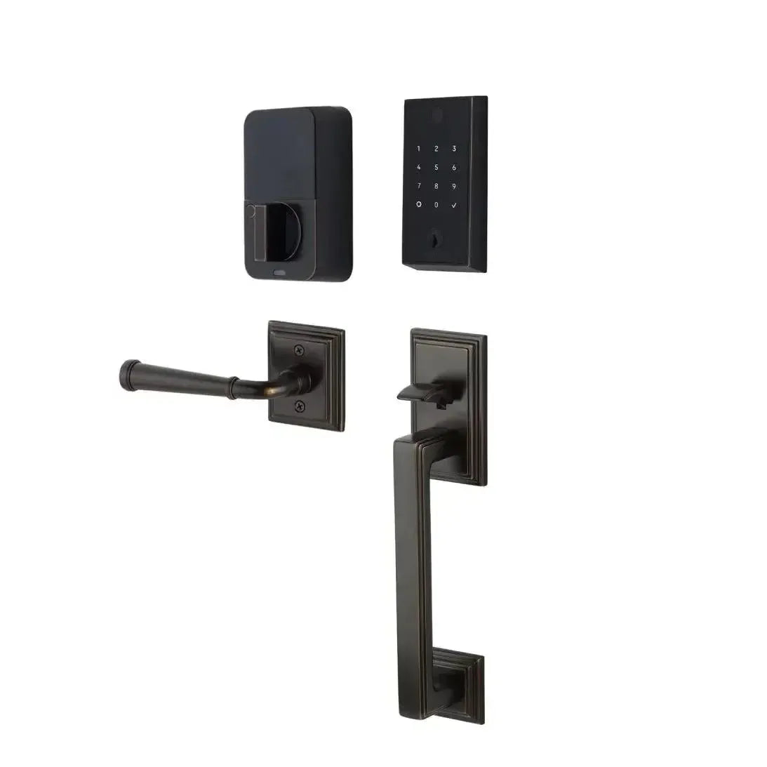 Emtek EMPowered 2 Touch Entry Set with Hamden Grip and Merrimack Lever in Oil Rubbed Bronze finish