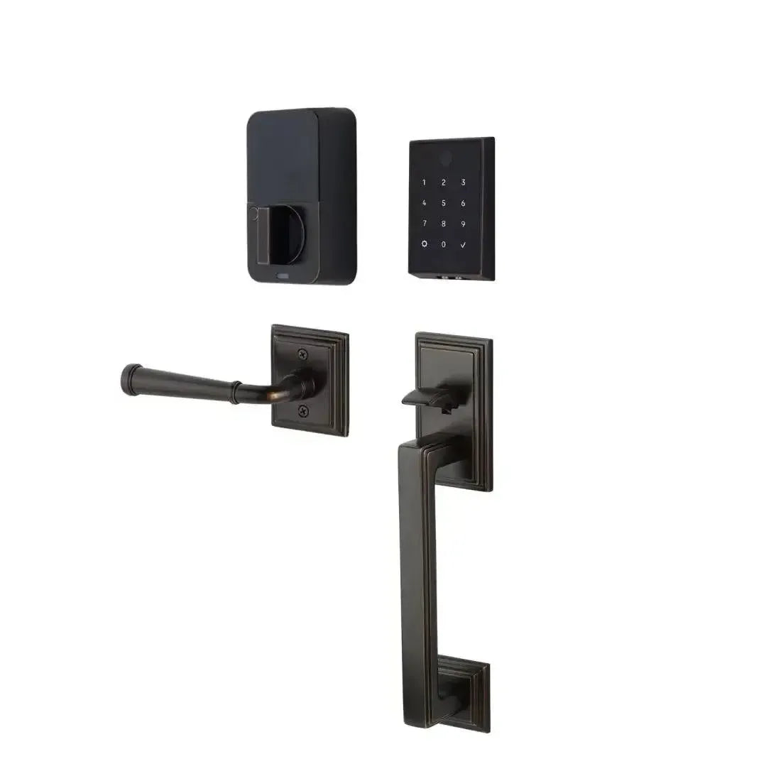 Emtek EMPowered 2 Touch Entry Set with Hamden Grip and Merrimack Lever in Oil Rubbed Bronze finish