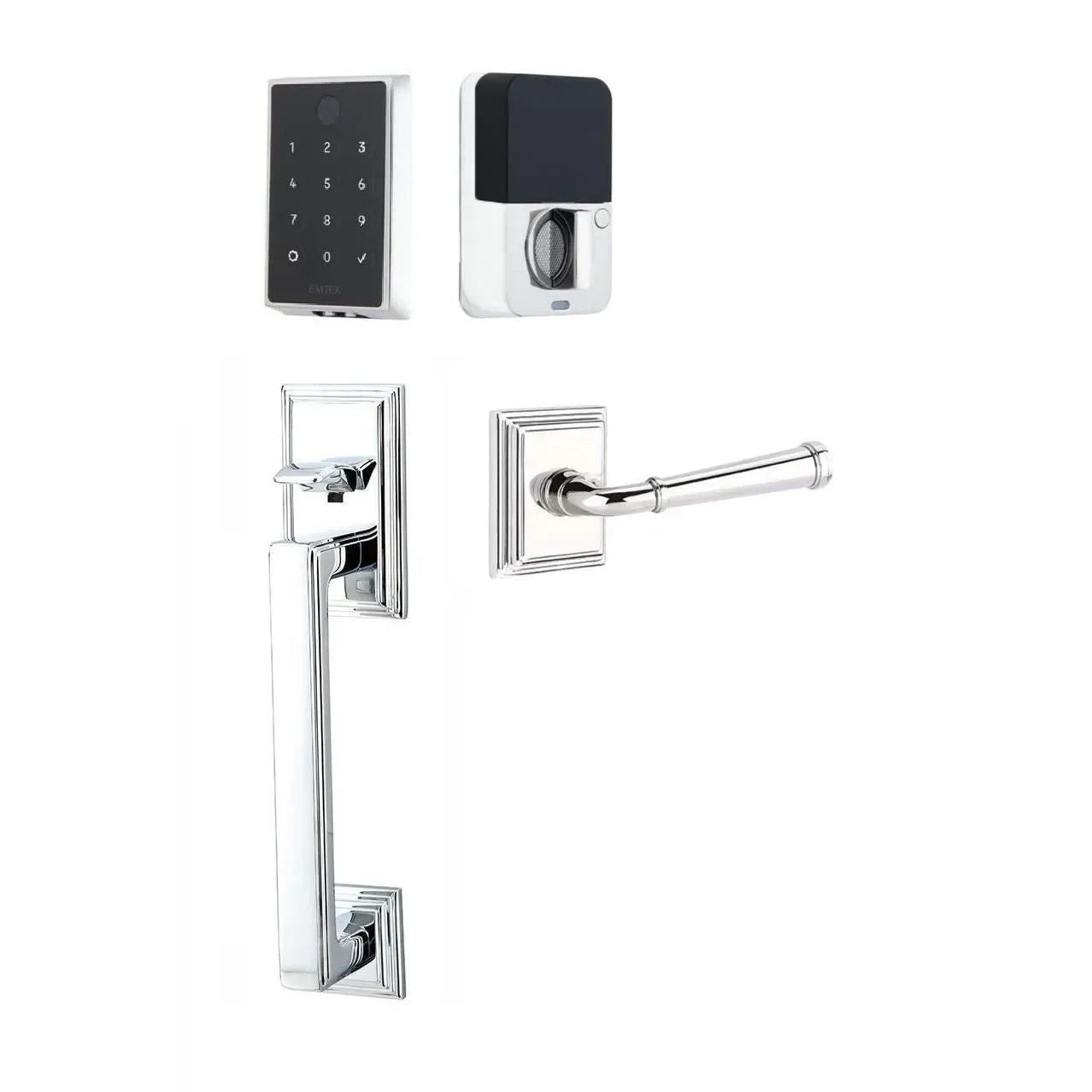 Emtek EMPowered 2 Touch Entry Set with Hamden Grip and Merrimack Lever Polished Chrome