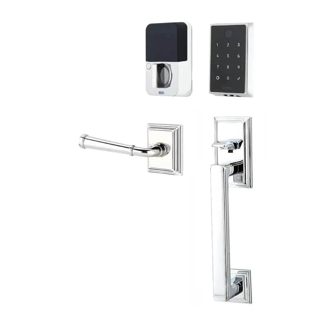 Emtek EMPowered 2 Touch Entry Set with Hamden Grip and Merrimack Lever Polished Chrome