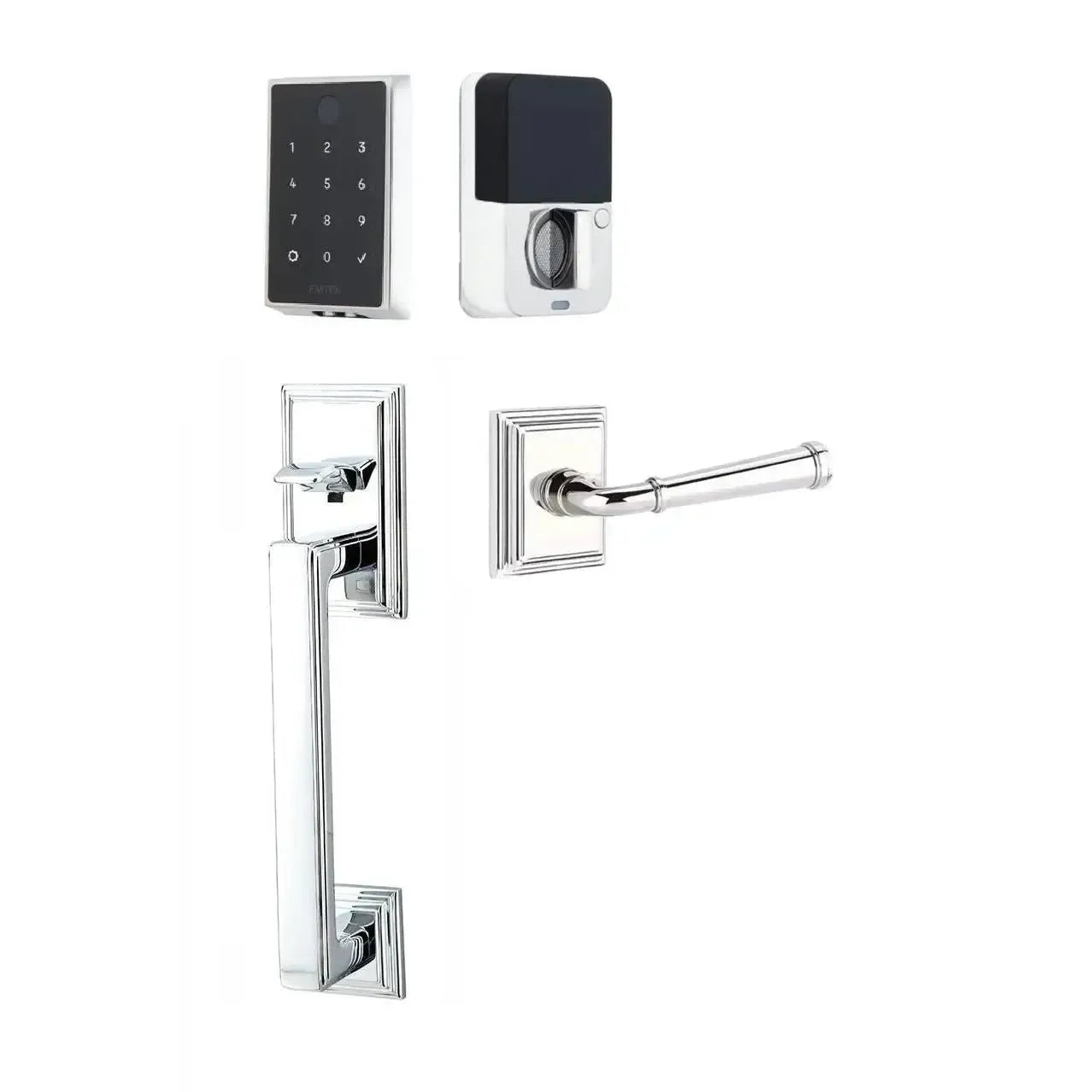 Emtek EMPowered 2 Touch Entry Set with Hamden Grip and Merrimack Lever in Polished Chrome finish