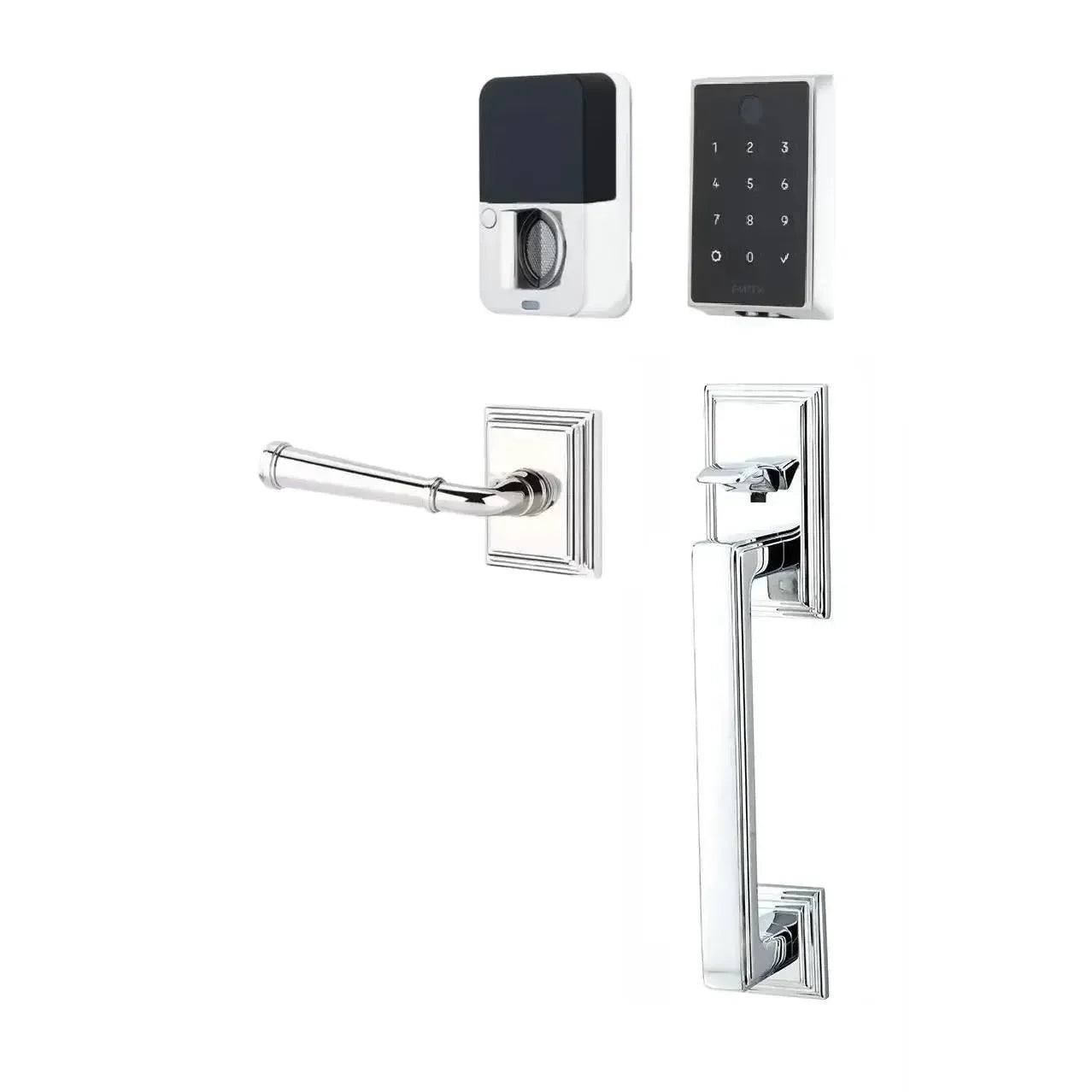 Emtek EMPowered 2 Touch Entry Set with Hamden Grip and Merrimack Lever in Polished Chrome finish