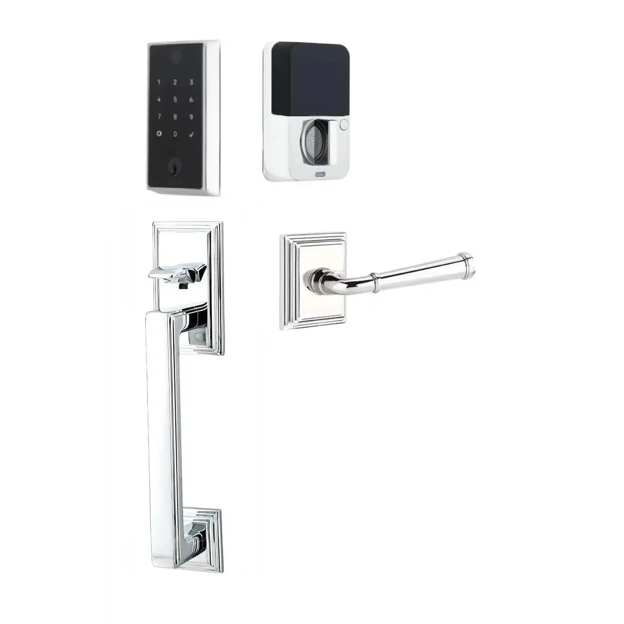 Emtek EMPowered 2 Touch Entry Set with Hamden Grip and Merrimack Lever in Polished Chrome finish