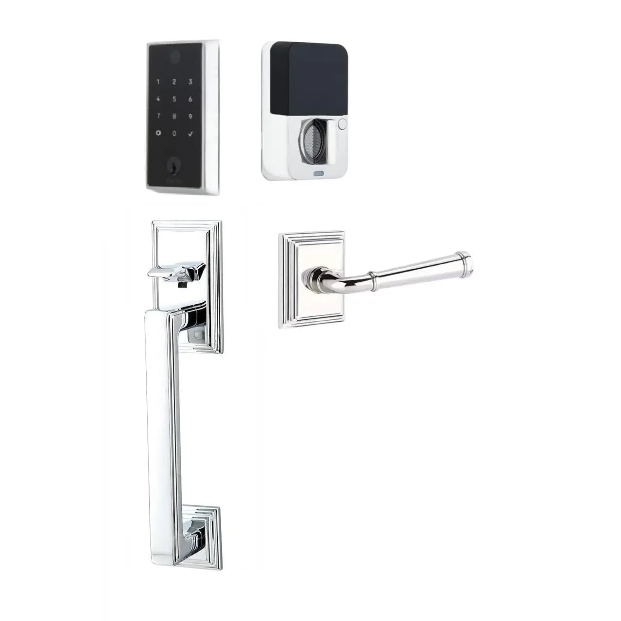 Emtek EMPowered 2 Touch Entry Set with Hamden Grip and Merrimack Lever Polished Chrome