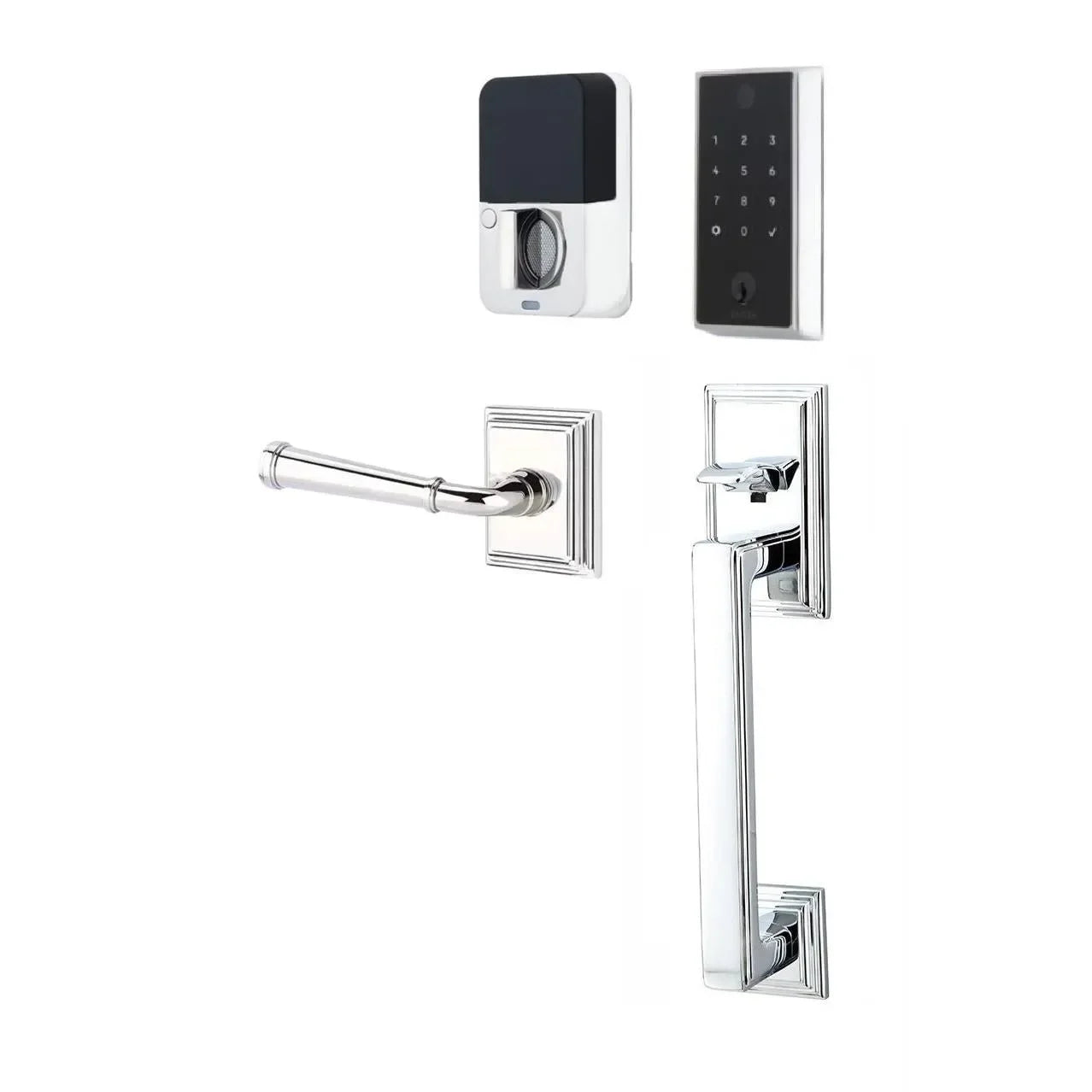Emtek EMPowered 2 Touch Entry Set with Hamden Grip and Merrimack Lever Polished Chrome