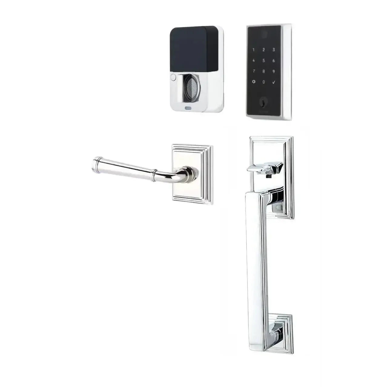 Emtek EMPowered 2 Touch Entry Set with Hamden Grip and Merrimack Lever in Polished Chrome finish