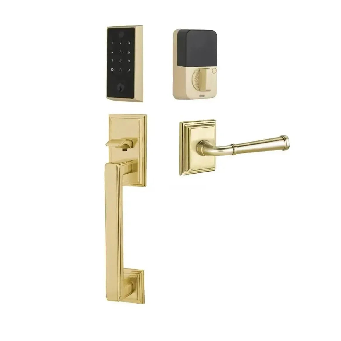 Emtek EMPowered 2 Touch Entry Set with Hamden Grip and Merrimack Lever in Satin Brass finish