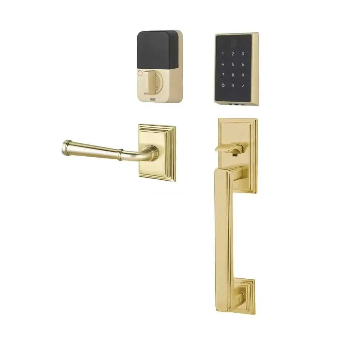 Emtek EMPowered 2 Touch Entry Set with Hamden Grip and Merrimack Lever in Satin Brass finish