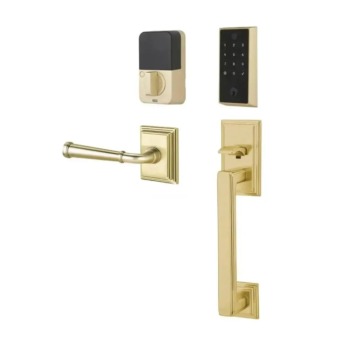 Emtek EMPowered 2 Touch Entry Set with Hamden Grip and Merrimack Lever in Satin Brass finish