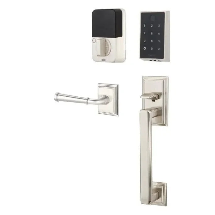 Emtek EMPowered 2 Touch Entry Set with Hamden Grip and Merrimack Lever Satin Nickel