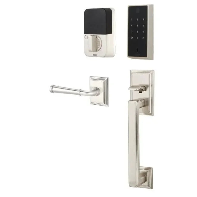 Emtek EMPowered 2 Touch Entry Set with Hamden Grip and Merrimack Lever Satin Nickel