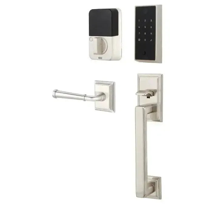 Emtek EMPowered 2 Touch Entry Set with Hamden Grip and Merrimack Lever in Satin Nickel finish