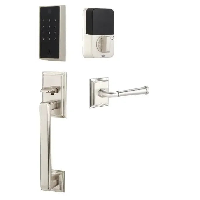 Emtek EMPowered 2 Touch Entry Set with Hamden Grip and Merrimack Lever Satin Nickel