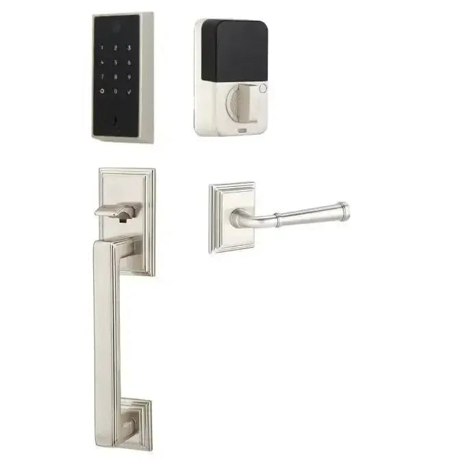 Emtek EMPowered 2 Touch Entry Set with Hamden Grip and Merrimack Lever in Satin Nickel finish