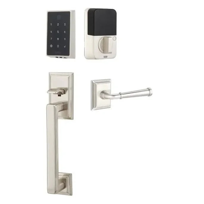 Emtek EMPowered 2 Touch Entry Set with Hamden Grip and Merrimack Lever Satin Nickel