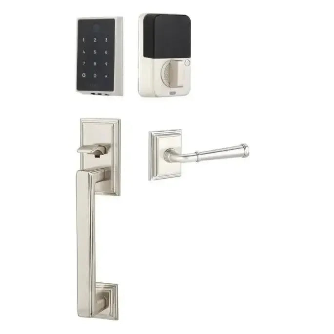 Emtek EMPowered 2 Touch Entry Set with Hamden Grip and Merrimack Lever in Satin Nickel finish