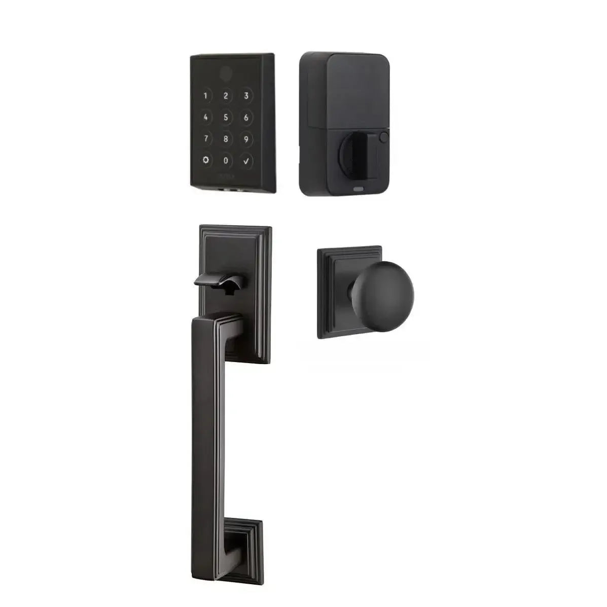 Emtek EMPowered 2 Touch Entry Set with Hamden Grip and Providence Knob in Flat Black finish