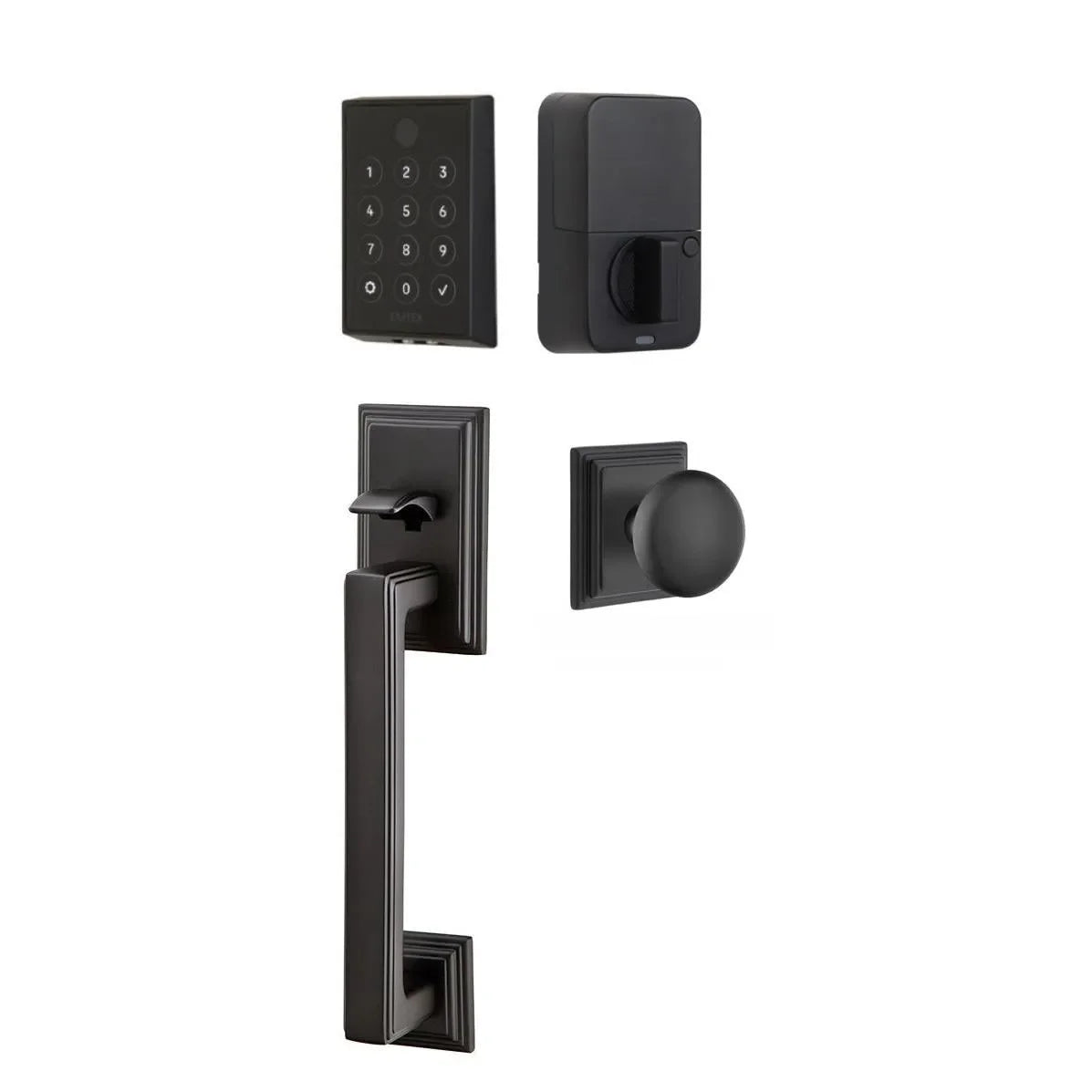 Emtek EMPowered 2 Touch Entry Set with Hamden Grip and Providence Knob Flat Black