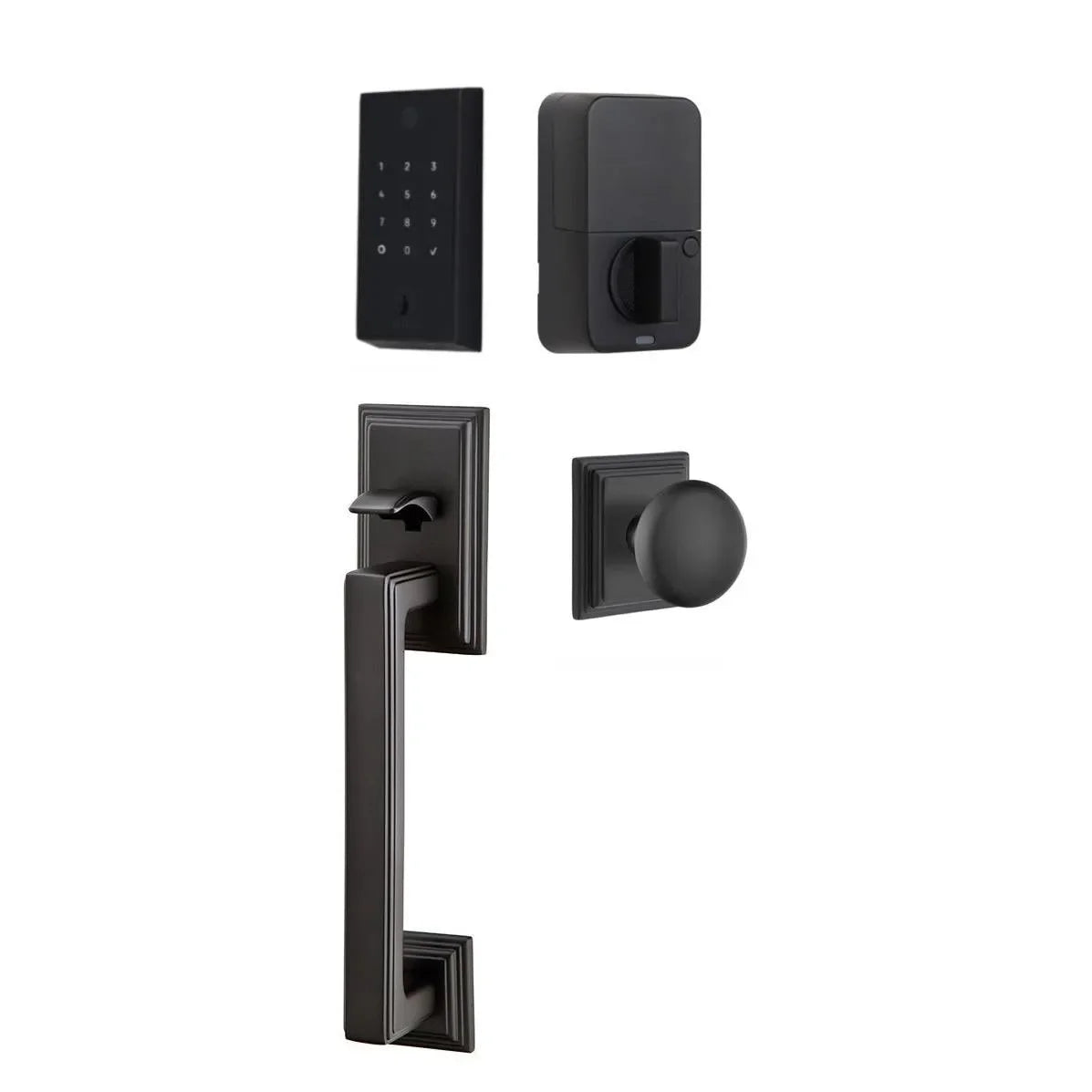 Emtek EMPowered 2 Touch Entry Set with Hamden Grip and Providence Knob Flat Black