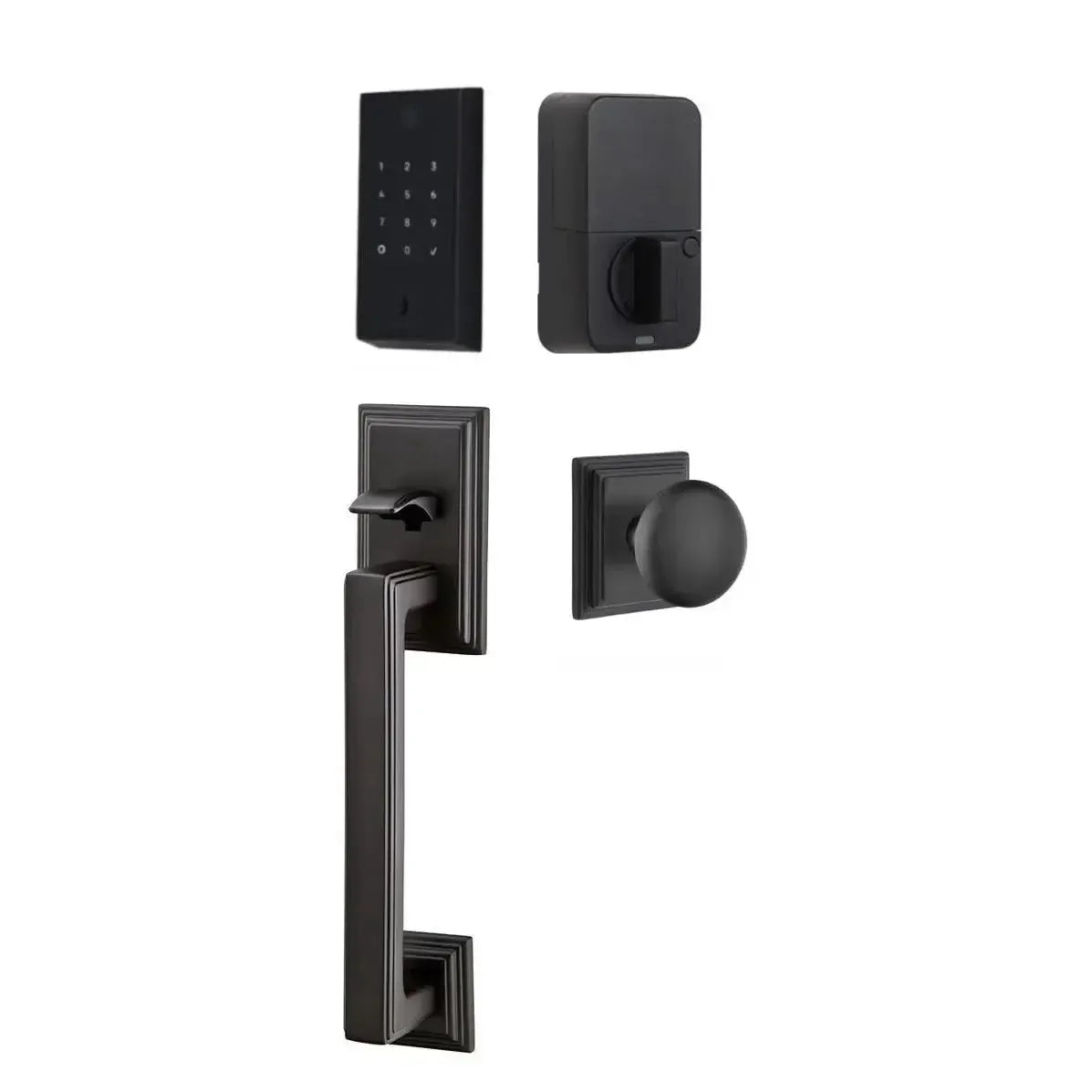 Emtek EMPowered 2 Touch Entry Set with Hamden Grip and Providence Knob in Flat Black finish