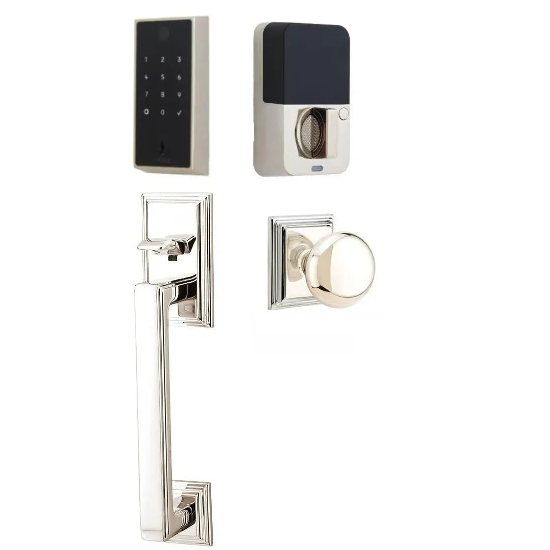 Emtek EMPowered 2 Touch Entry Set with Hamden Grip and Providence Knob Lifetime Polished Nickel