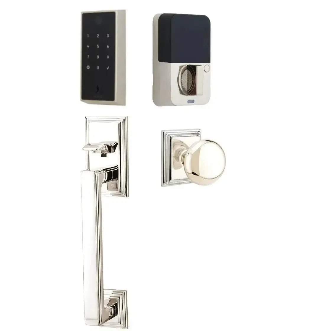 Emtek EMPowered 2 Touch Entry Set with Hamden Grip and Providence Knob in Lifetime Polished Nickel finish