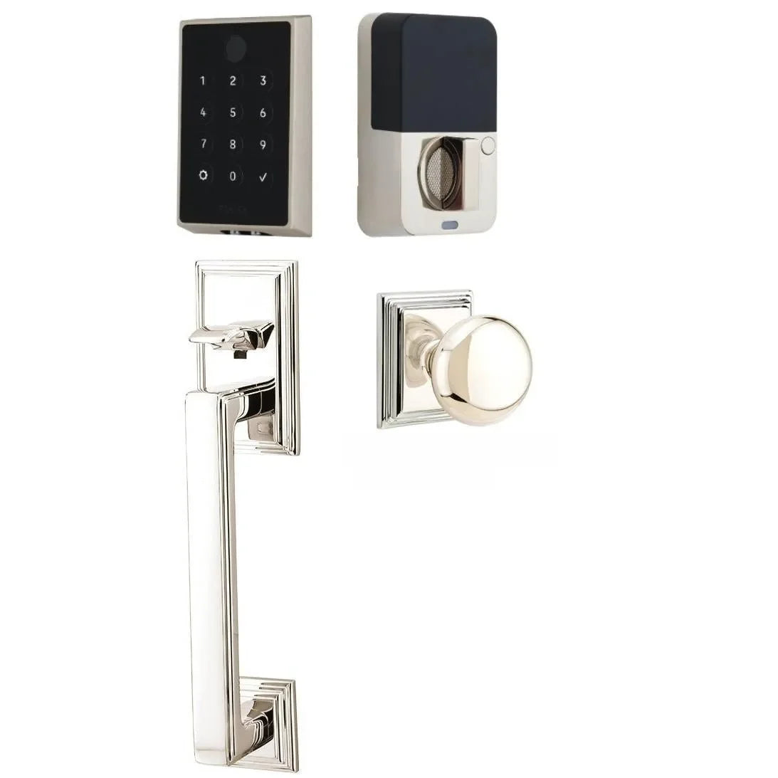 Emtek EMPowered 2 Touch Entry Set with Hamden Grip and Providence Knob Lifetime Polished Nickel
