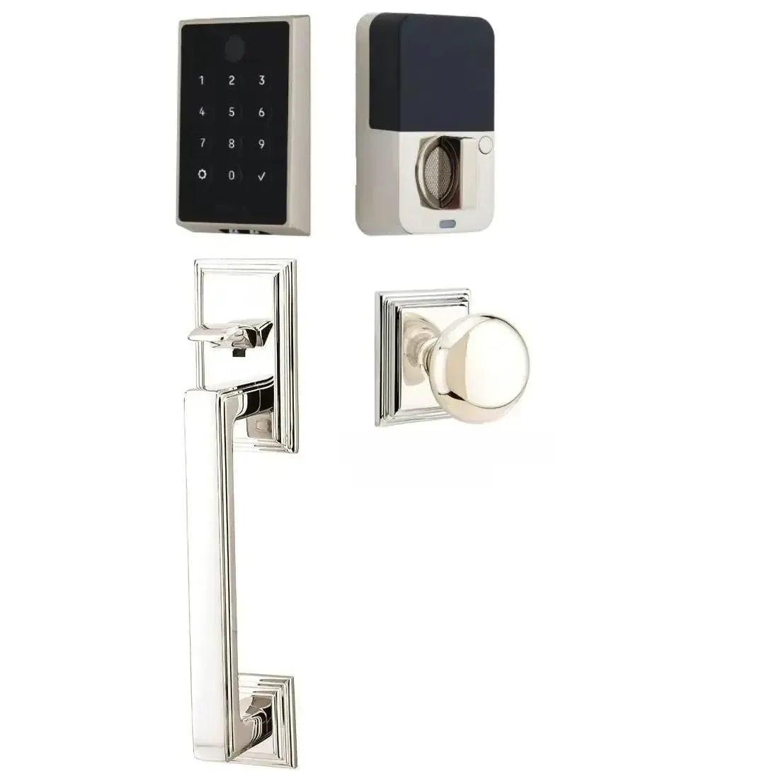 Emtek EMPowered 2 Touch Entry Set with Hamden Grip and Providence Knob in Lifetime Polished Nickel finish