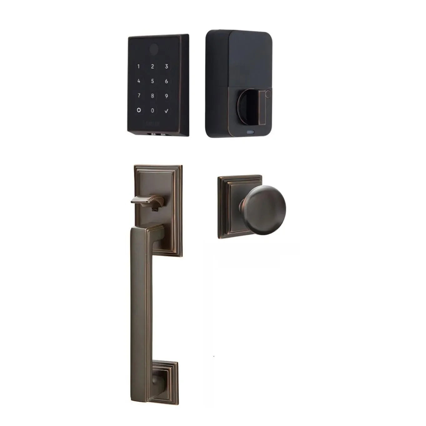 Emtek EMPowered 2 Touch Entry Set with Hamden Grip and Providence Knob Oil Rubbed Bronze