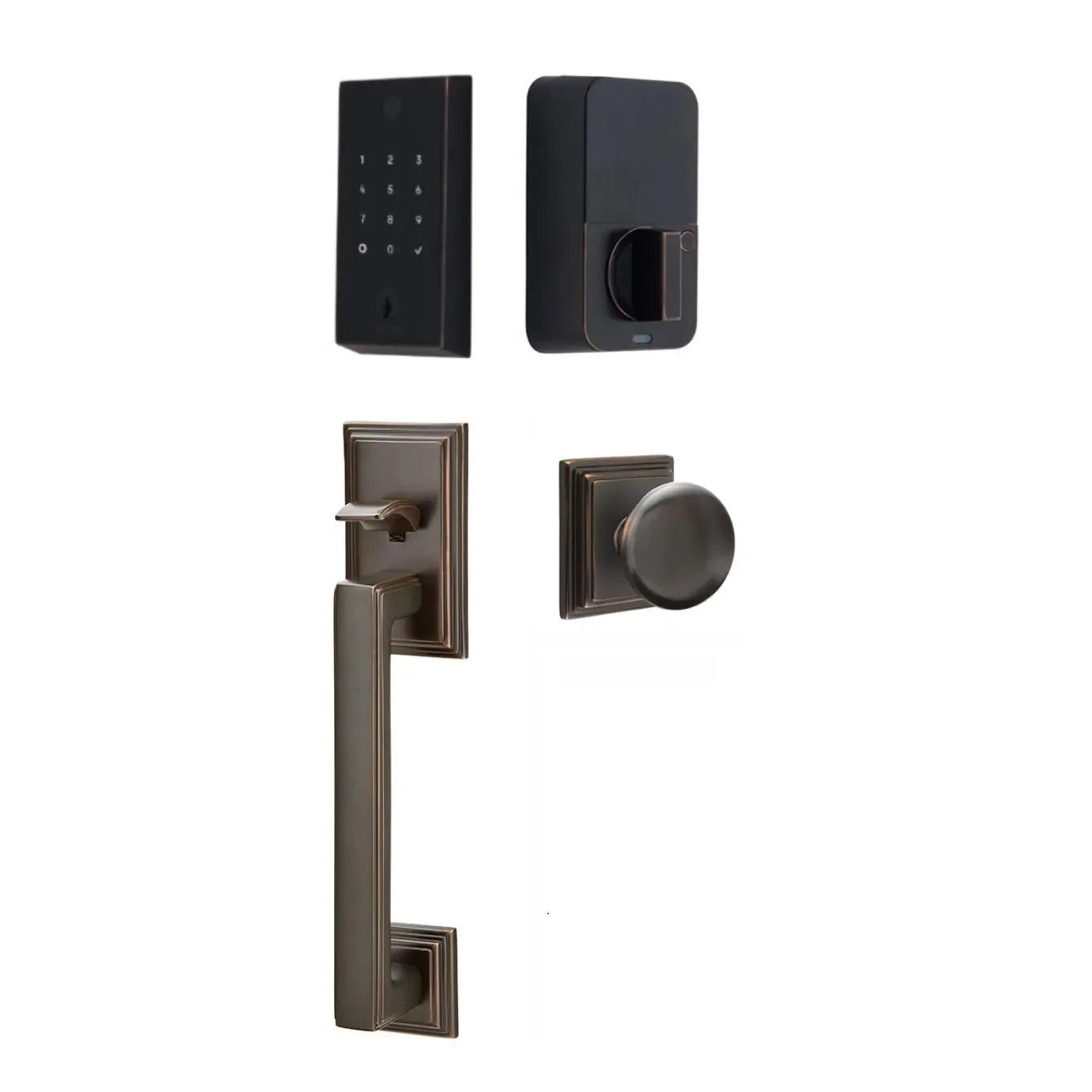 Emtek EMPowered 2 Touch Entry Set with Hamden Grip and Providence Knob Oil Rubbed Bronze