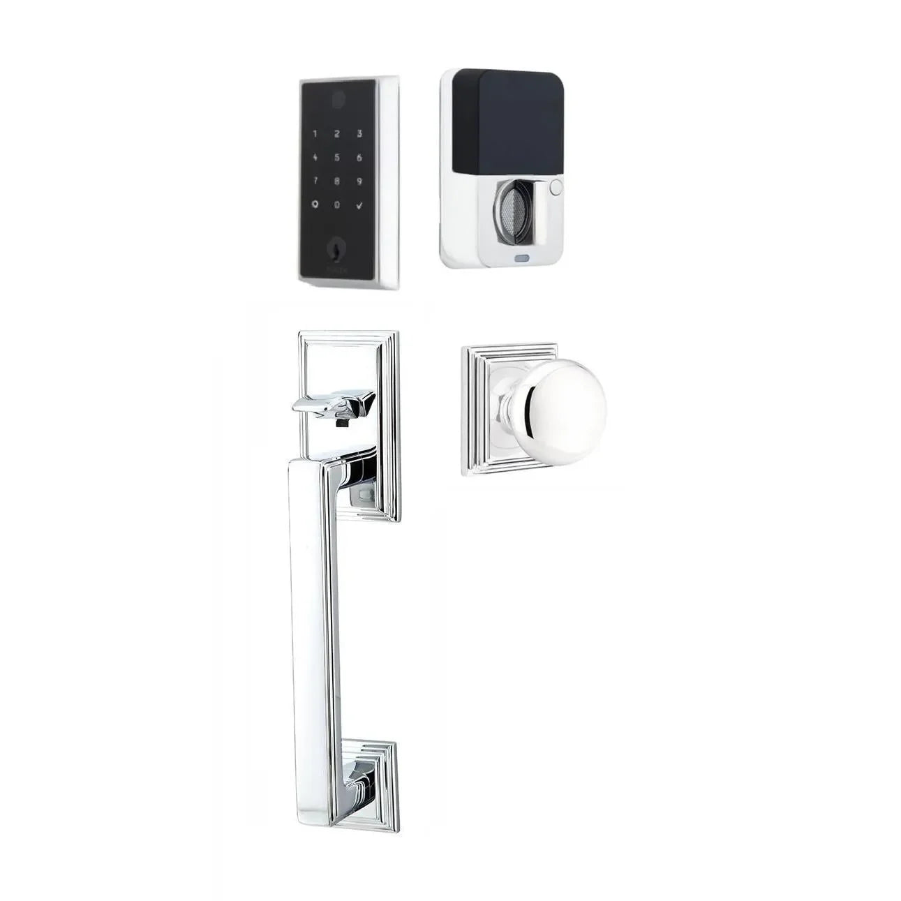 Emtek EMPowered 2 Touch Entry Set with Hamden Grip and Providence Knob Polished Chrome