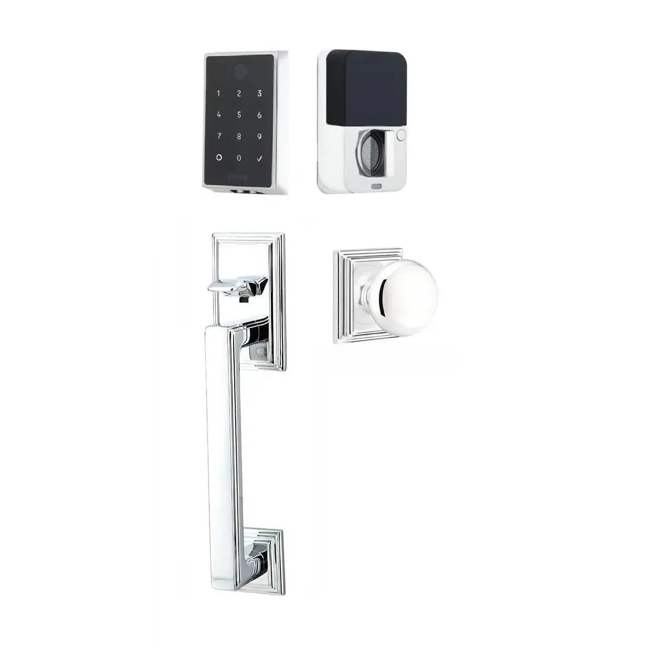 Emtek EMPowered 2 Touch Entry Set with Hamden Grip and Providence Knob in Polished Chrome finish