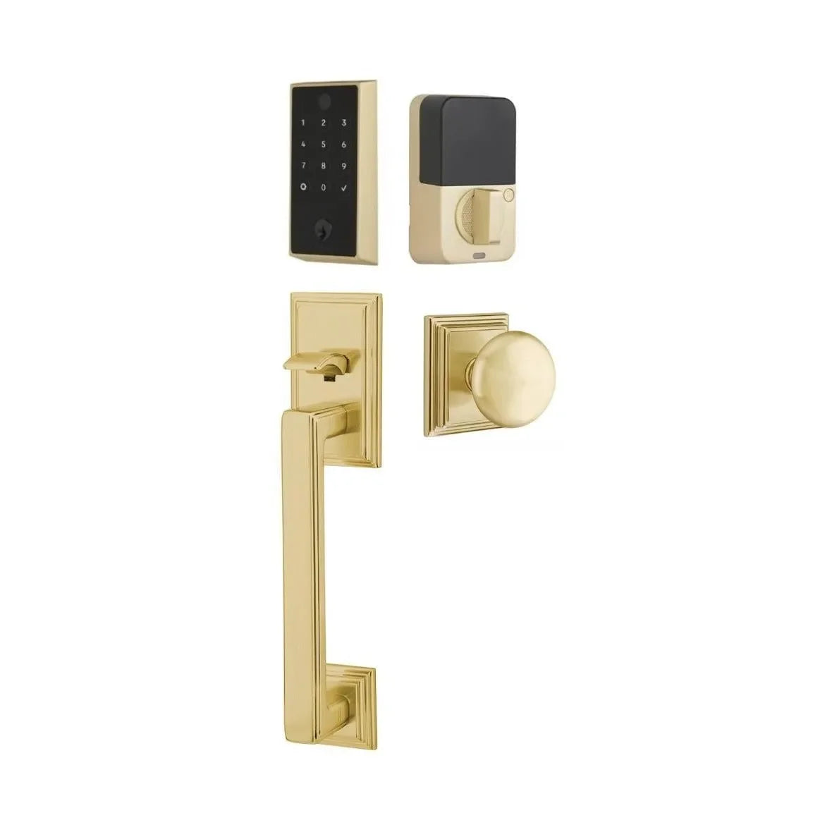 Emtek EMPowered 2 Touch Entry Set with Hamden Grip and Providence Knob Satin Brass
