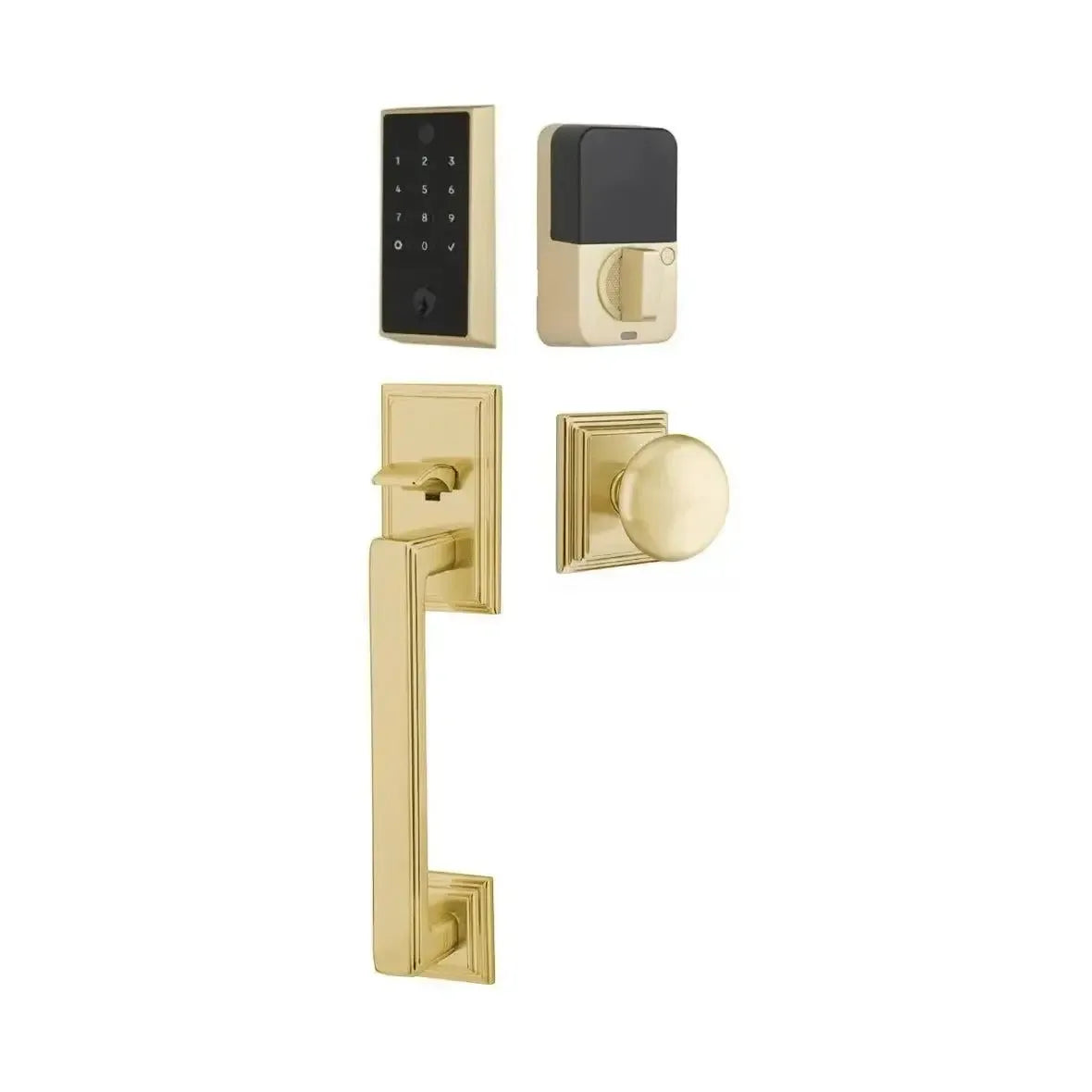 Emtek EMPowered 2 Touch Entry Set with Hamden Grip and Providence Knob in Satin Brass finish