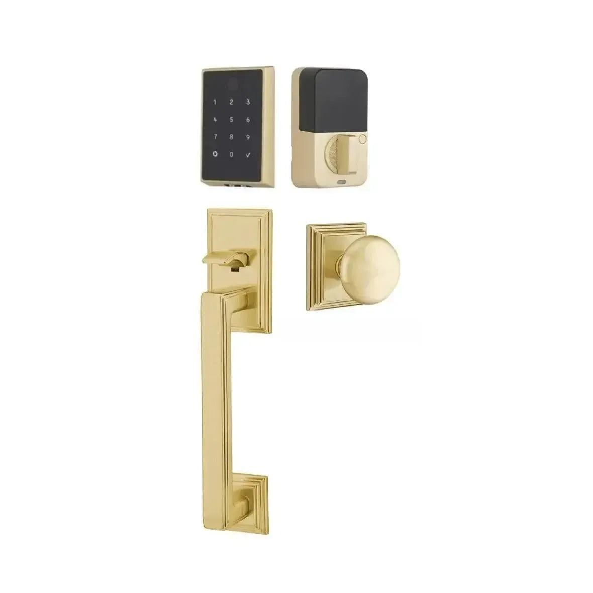 Emtek EMPowered 2 Touch Entry Set with Hamden Grip and Providence Knob in Satin Brass finish
