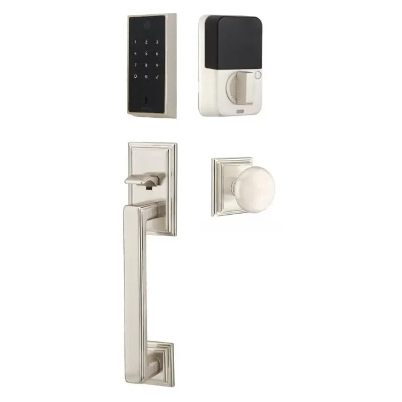 Emtek EMPowered 2 Touch Entry Set with Hamden Grip and Providence Knob Satin Nickel