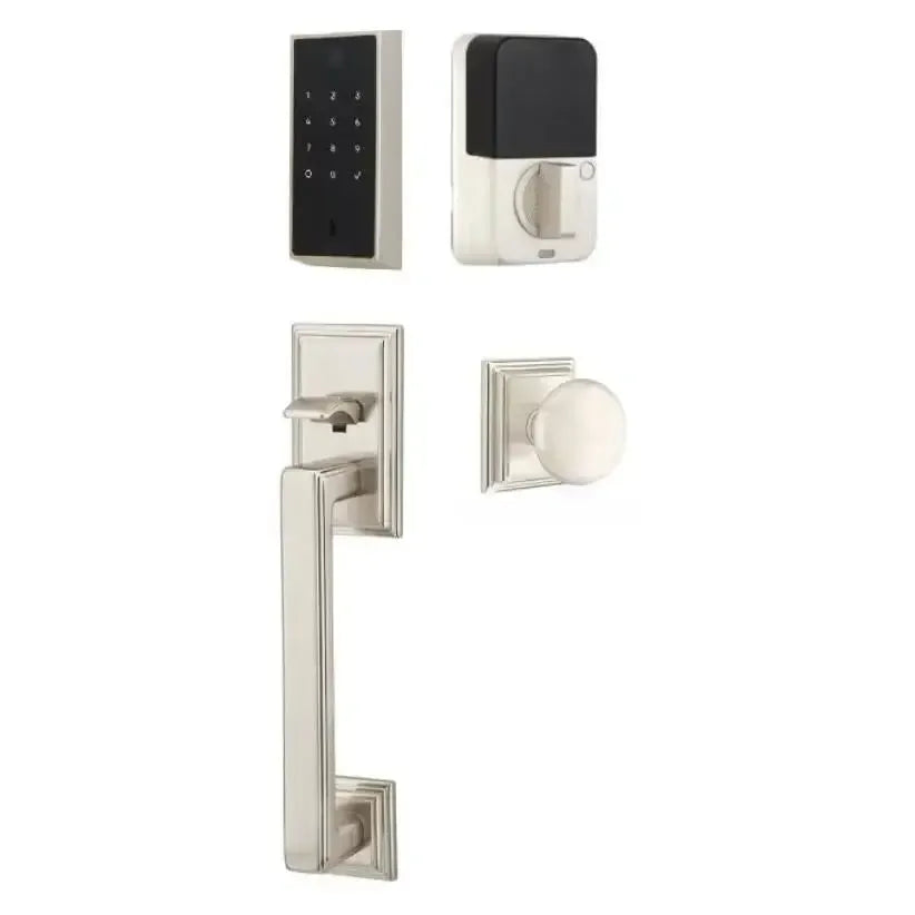 Emtek EMPowered 2 Touch Entry Set with Hamden Grip and Providence Knob in Satin Nickel finish