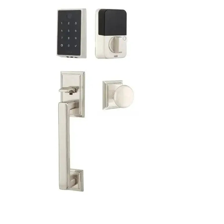 Emtek EMPowered 2 Touch Entry Set with Hamden Grip and Providence Knob in Satin Nickel finish