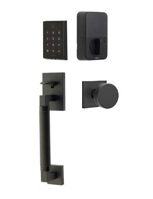 Emtek EMPowered 2 Touch Entry Set with Hercules Knurled Grip and Bern Knob Flat Black