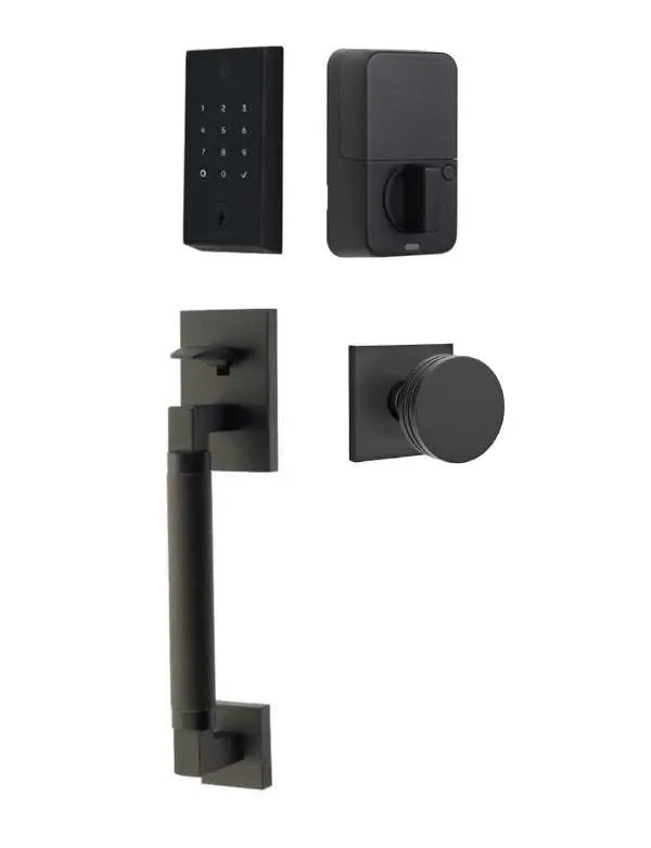 Emtek EMPowered 2 Touch Entry Set with Hercules Knurled Grip and Bern Knob Flat Black
