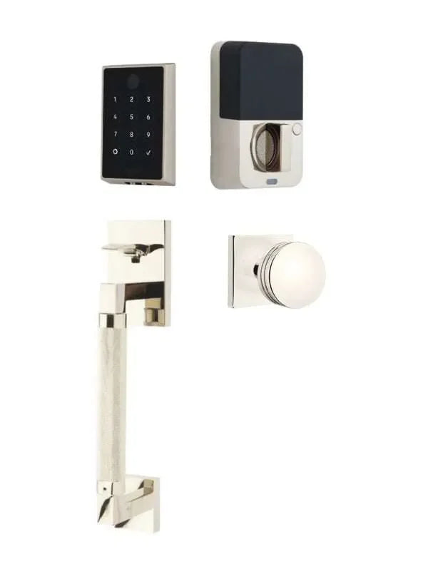 Emtek EMPowered 2 Touch Entry Set with Hercules Knurled Grip and Bern Knob Lifetime Polished Nickel