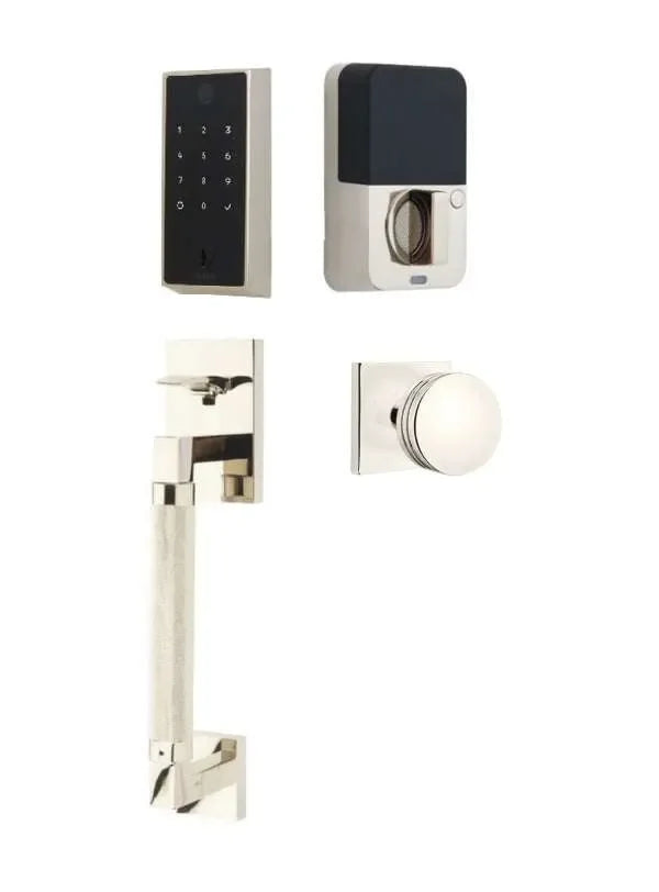Emtek EMPowered 2 Touch Entry Set with Hercules Knurled Grip and Bern Knob Lifetime Polished Nickel