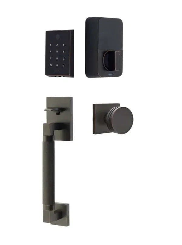 Emtek EMPowered 2 Touch Entry Set with Hercules Knurled Grip and Bern Knob Oil Rubbed Bronze