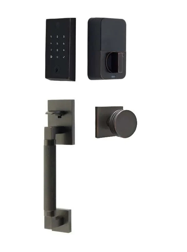Emtek EMPowered 2 Touch Entry Set with Hercules Knurled Grip and Bern Knob Oil Rubbed Bronze